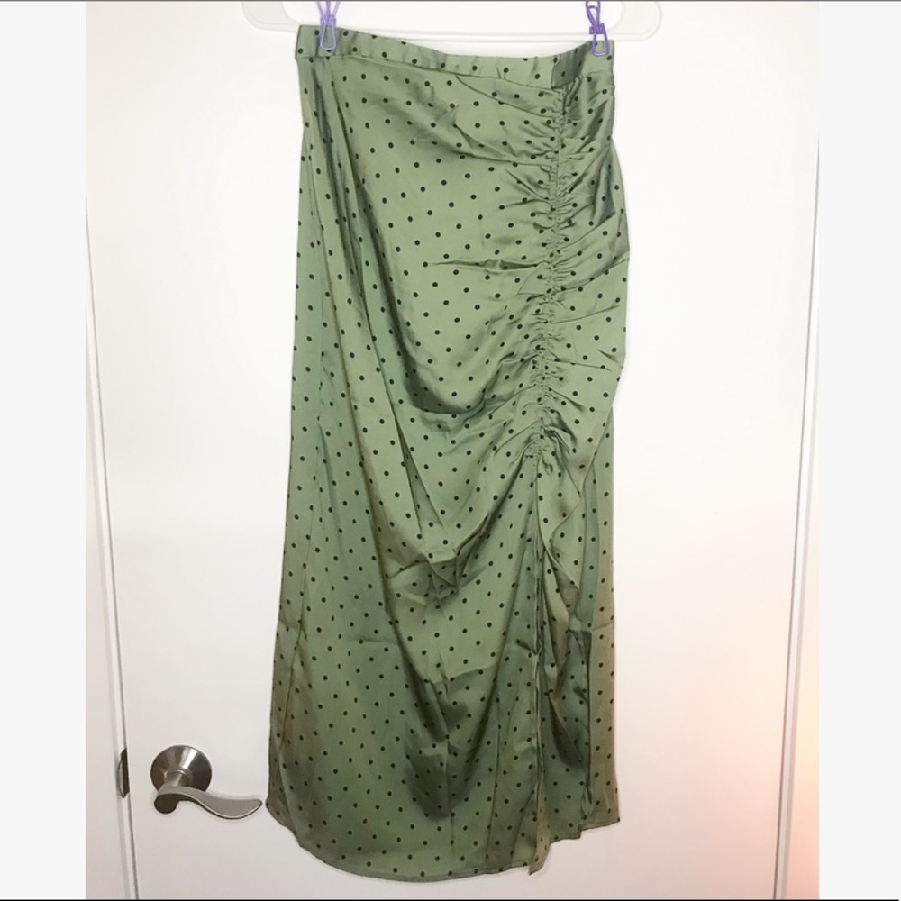 Ruched Olive Green Satin Skirt